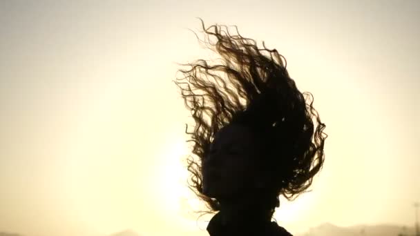 Αργή κίνηση close up σιλουέτα της νεαρής γυναίκας κουνώντας το κεφάλι της με μαλλιά που φυσούν στον άνεμο κοιτάζοντας το ηλιοβασίλεμα πάνω από τον ωκεανό. — Αρχείο Βίντεο
