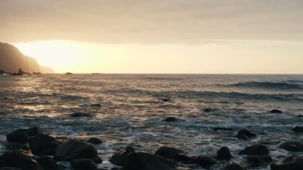 ドローンは、岩に衝突し、テネリフェ島、カナリア諸島のベニホビーチで美しい夕日の光にスプレー海洋波の上を飛びます — ストック動画