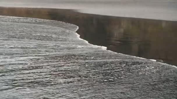 Tracking shot di attraente giovane donna che corre sulla tempestosa spiaggia di Benijo a Tenerife, Isole Canarie. Corridore femminile in fondo al mare nuvoloso — Video Stock