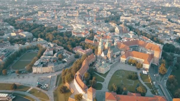 Vista aérea de la Catedral Real de Wawel y el castillo en Cracovia, Polonia, con el río Vístula, parque, patio y turistas al atardecer. Ciudad vieja en el fondo — Vídeo de stock