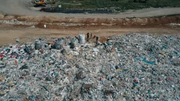 Vista aérea do depósito de lixo da cidade. Gaivotas alimentando-se de resíduos alimentares voam sobre ele . — Vídeo de Stock