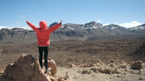 Kolları açık bir kadın Tenerife, Kanarya Adaları, İspanya 'da büyük bir Teide volkanı krateri gözlemler.. — Stok video