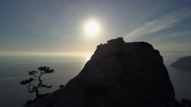 Gelukkige jonge vrouw klimt naar de top van High Mountain. Dame het bereiken van de top in een prachtig landschap over een zee bij zonsondergang met gestrekte armen. — Stockvideo
