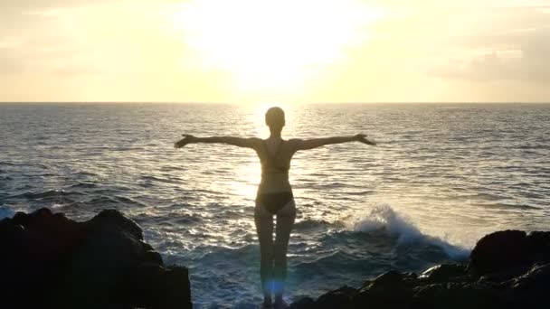 Silueta de una mujer al atardecer levantando brazos en el aire y observando olas oceánicas estrellándose sobre rocas y rociando. Cámara lenta cinematográfica — Vídeos de Stock