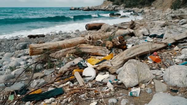 Poubelles, plastique, ordures, pollution de l'environnement sur le bord de la mer. Ondes au ralenti sur un fond. Poubelle, bouteille en plastique sur la plage. Déchets qui polluent l'environnement marin — Video