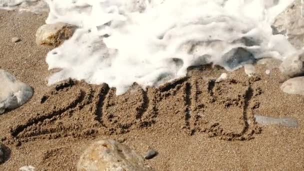 Рік 2019 написаний на піску серед каменів на березі моря змивається морською хвилею в повільному русі. Новий рік 2019 йде концепція-цифри на піщаному пляжі — стокове відео