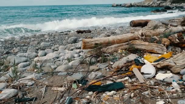 Odpad, plasty, odpadky, znečištění životního prostředí na pobřeží. Vlny v pomalém pohybu na pozadí. Popelnice, plastová láhev na pláži. Odpady, které znečišťuje mořské prostředí — Stock video