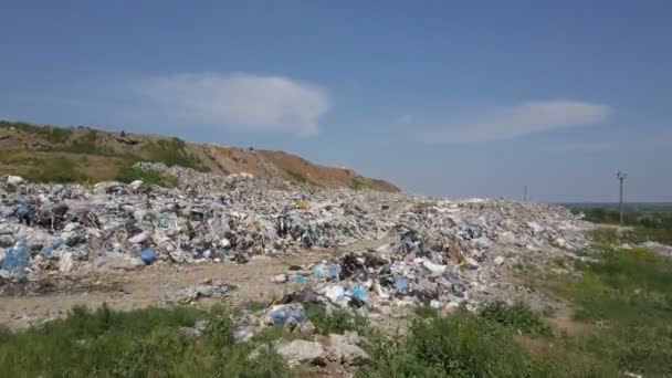 航空写真、仕分け現場に大きなゴミ山。ゴミ捨て場にゴミ山。消費者の家庭からの環境汚染。市のゴミ捨て場で食品廃棄物を食べているカモメ. — ストック動画