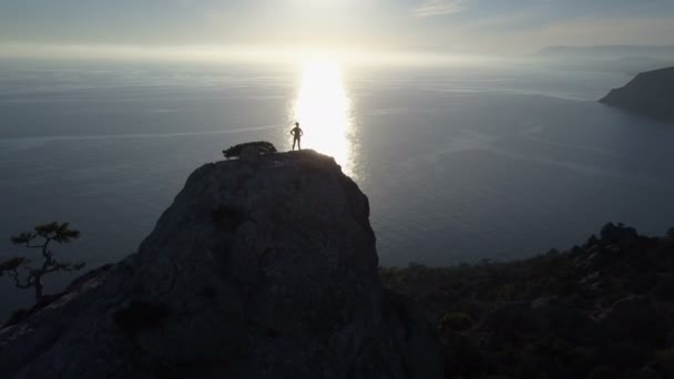 Luftbild einer jungen Frau auf der Spitze eines Berges in wunderschöner Landschaft über dem Meer. Dame auf dem Gipfel hebt die Hand. — Stockvideo