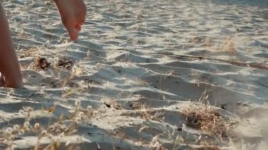 Aktif sportif yalınayak kadın Slow Motion bir kum plajında çalışır. Kadın fitness, koşu eğitimi ve spor aktivitesi