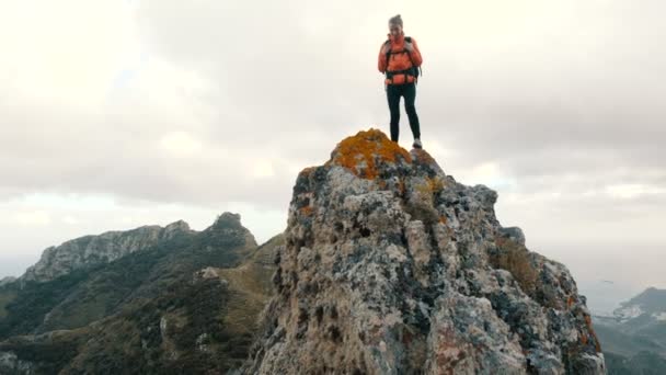 Giovane donna felice in cima alla montagna. La giovane donna raggiunge la cima di una montagna e alza le mani. Signora in vetta in uno splendido scenario . — Video Stock