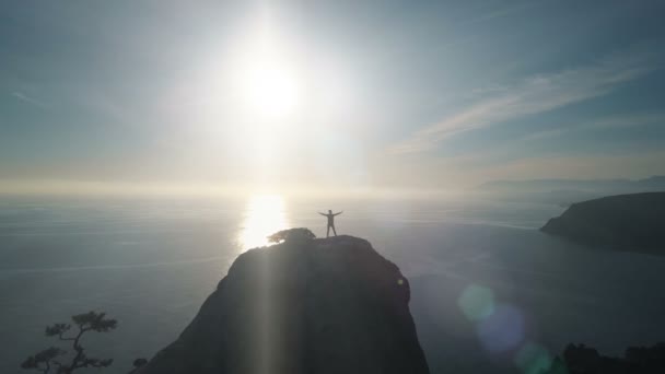 Silhueta aérea de uma jovem mulher em pé no topo de uma montanha de frente para o mar. Senhora no cume em belas paisagens . — Vídeo de Stock