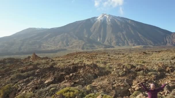 Brazos de mujer joven extendidos observa un enorme cráter del volcán Teide, Tenerife, Islas Canarias, España. Vista aérea de un dron de un desierto volcánico . — Vídeos de Stock