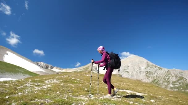 Mujer joven con mochila y bastones de trekking camina cuesta arriba hacia la cumbre. En cámara lenta. Señora se detiene a observar hermosas montañas caucásicas . — Vídeo de stock