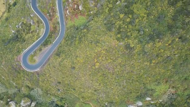 Letecký pohled na prázdnou serpentinskou silnici na Tenerife, Španělsko. Kanárské hory pokryté zelenými rostlinami. — Stock video