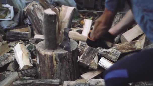 Man kotletter trä utomhus i slow motion. Mans händer arbetar med AX. En man skogshuggaren kotletter trädstammar med en yxa för ved. — Stockvideo