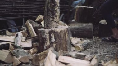 Adam yavaş çekimde açık havada odun doğrar. Baltayla çalışan erkek elleri. Bir adam oduncu odun için bir balta ile ağaç gövdeleri doğrar.