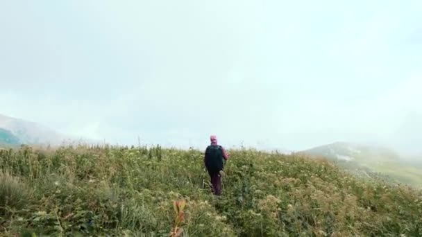 Mujer joven con mochila camina hacia la cumbre. En cámara lenta. Señora está de excursión en las hermosas montañas del Cáucaso, Adygea . — Vídeos de Stock