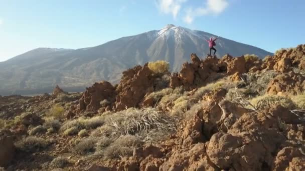 Brazos de mujer joven extendidos observa un enorme cráter del volcán Teide, Tenerife, Islas Canarias, España. Vista aérea de un dron de un desierto volcánico . — Vídeos de Stock