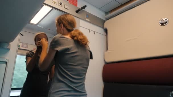 Uma jovem mulher olha para um compartimento de trem moderno e confortável. Em seguida, ela abre uma porta de espelho com alça de metal e saídas. Um passageiro do comboio abre uma porta . — Vídeo de Stock