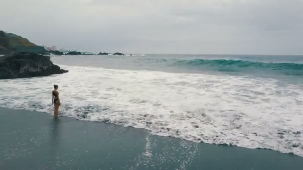 水の中に立ち、テネリフェ島、スペインの黒い砂浜に手を上げる美しい女性の航空写真。海の波が壊れ、黒い砂の上に白い泡を作成します, カナリア諸島. — ストック動画