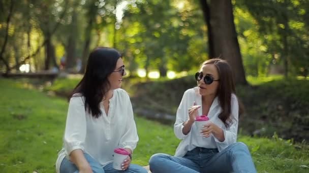 Dos elegantes chicas sonrientes con camisas blancas están sentadas en el parque sobre un fondo suave de follaje verde. Las novias se divierten, discuten temas importantes, beben café en tazas de papel . — Vídeo de stock