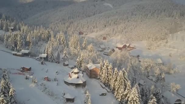 Widok z lotu ptaka na ośnieżone domy w górach. Krajobraz wiejski zimą. Karpacka wioska w śniegu z wysokości. — Wideo stockowe