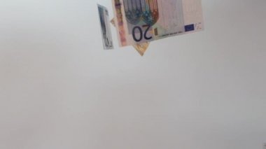 Avro banknotları yağmuru. Avro banknotları beyaz arkaplana karşı yavaş çekimde düşüyor.