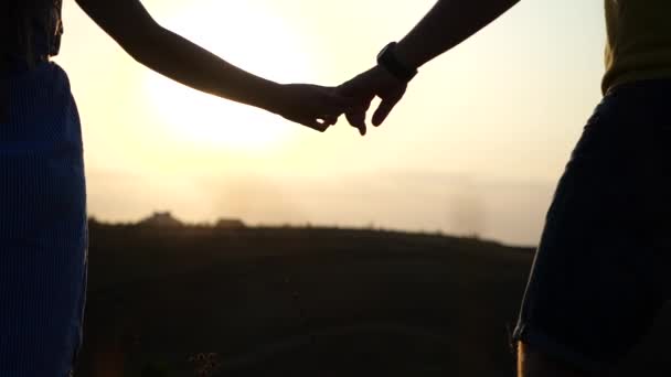 Silueta de cerca. Manos de una encantadora pareja de jóvenes enamorados tomados de la mano en la luz del atardecer contra el cielo al atardecer. Pareja en paisaje rural al atardecer . — Vídeo de stock