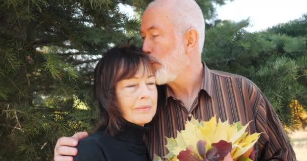 Happy elderly couple man and woman with a bouquet of leaves hugging in autumn under a pine tree - slow motion. — Stock Video