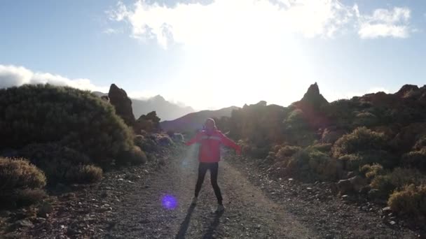 Foto trasera de la mujer feliz rebotando en chaqueta rosa en el camino de piedra desierta entre arbustos hinchados arbustos en el tiempo soleado en primavera contra el sol brillante y el cielo. Chica alegre estilo sígueme en el sendero . — Vídeo de stock