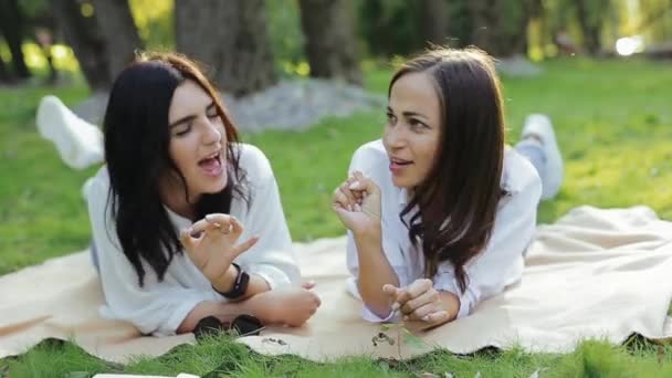 Par av vackra skrattande europeiska flickor sjunga sång och ha kul liggande i stadsparken på gräset och njuta av sin semester. Begreppet aktiv livsstil och fritid på naturen på sommaren utanför. — Stockvideo