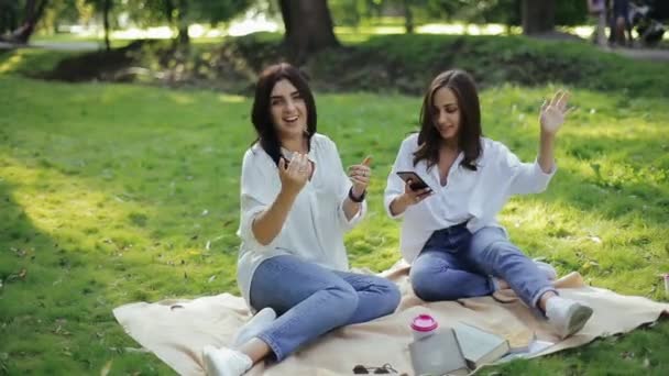 Twee schattige mooie vriendinnen lachen met foto op smartphone en grappen zitten in het zonnige park op het gras onder een dekentje met boeken en thee tussen de bomen. Concept buitenrecreatie met vrienden. — Stockvideo