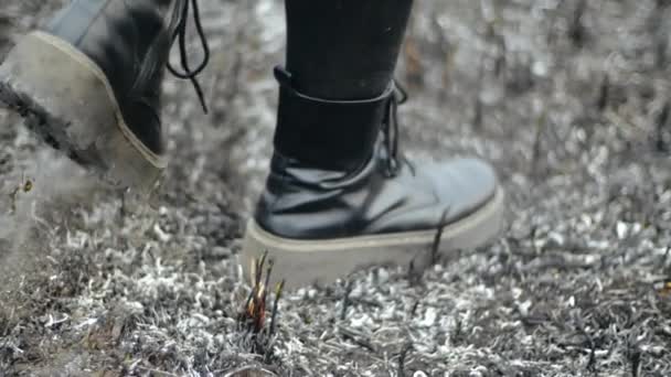 Nogi osoby w skórzanych czarnych stylowych butach, które chodzą po popiołowej ziemi niezamieszkałego pola po pożarze w słonecznej pogodzie, strzał z dołu w zwolnionym tempie. Walk girl w czarnych butach na spalonej trawie. — Wideo stockowe