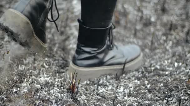 Gambe di persona in pelle nera eleganti stivali che camminano sulla terra cenerina di un campo disabitato dopo il fuoco nel tempo soleggiato, girato dal basso al rallentatore. Camminare ragazza in stivali neri su erba bruciata . — Video Stock