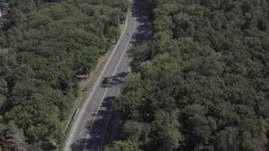 Sonraki çekim, yazın güneşli ve sıcak havalarda çok güzel yeşil ağaçlarla çevrili arabaların sürdüğü yolun yukarısından. Merkezi eğlence parkı boyunca trafiğin hava görüntüsü.