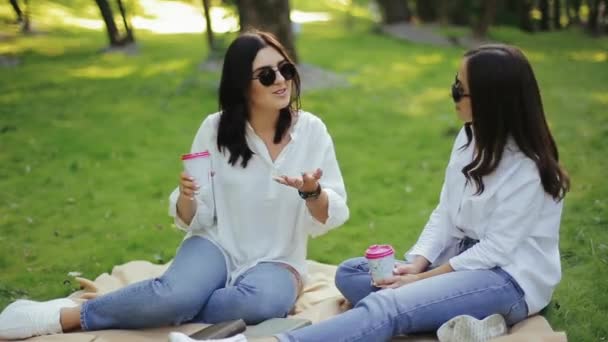 Dos chicas guapas vestidas con camisas blancas, con gafas de sol con tazas de café, té, conversando activamente, sentadas en la cama esparciendo hierba en el parque. Un par de amigos descansan afuera, hablan de cuarentena — Vídeo de stock