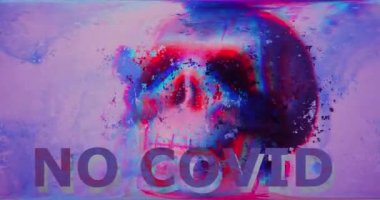 Covid-19 kötü pikselli sanat efekti yok. Soyut dijital efektli kafatası gürültü paraziti, bozuk televizyon. Geçmişe dönük fütürizm eski tarz. Virüs koronası ile video sinyali hasarı