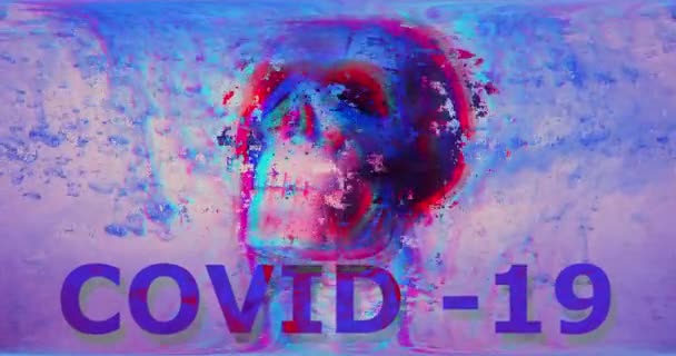Multi colored inscription covid-19 with bad pixel glitch art effect. Skull with abstract digital effects noise interference, broken TV. Retro futurism old style. Video signal damage with virus corona — Stock Video