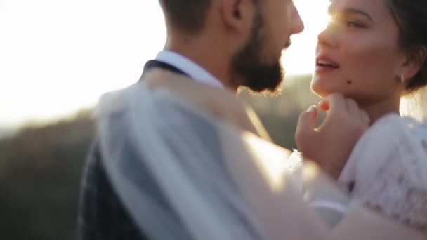 Gros plan du mariage heureux couple dans le contexte du soleil d'automne lumineux. Le marié à la barbe caresse doucement le menton de son épouse bien-aimée. Entre les têtes des jeunes mariés brillant soleil. — Video