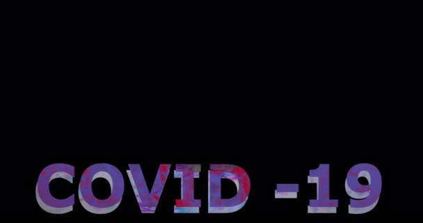 Flerfärgad inskription covid-19 med dålig pixel glitch art effekt. Digital coronavirus text påverkar brusstörningar i svart skärm. Retro futurism gammal stil. Videosignalskada med virus korona — Stockvideo