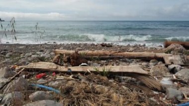 Ukrayna, Kırım 'daki Karadeniz kıyılarından birine kendiliğinden atık boşaltma. Çevre kirliliği ve dünya çapında bir felaket var. Sahilde deniz dalgaları yakınında çeşitli çöplerin yanında çekim yapıyorlar..