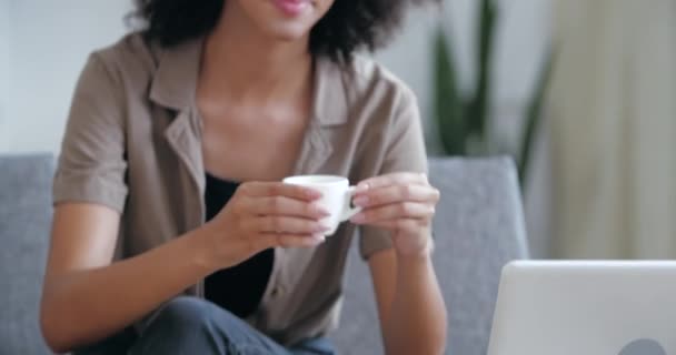 Tersenyum bahagia Afrika Amerika wanita duduk di sofa dengan pakaian santai, mengambil secangkir panas kopi, minum latte lezat, menggunakan laptop untuk video komunikasi dengan teman-teman, konferensi online — Stok Video