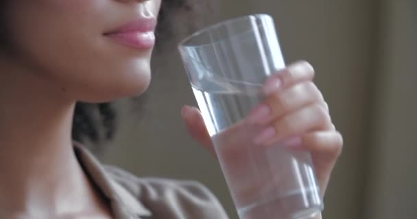 Jonge gedehydrateerde volwassen vrouw met glas in de hand drinken vers zuiver mineraal helder water genieten van smaak. Dorstige gezonde dame hydraterende dorst houden vloeistof lichaamsverzorging evenwicht concept. Close-up zicht — Stockvideo