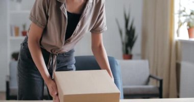 Genç ev hanımı Afrikalı Amerikalı kadın odaya giriyor, posta ofisinden paketler taşıyor, siparişle birlikte kutusunu açıyor, internet dükkanından hediye paketleri açıyor, ilgiyle bakıyor, satın alırken seviniyor, kapatıyor.