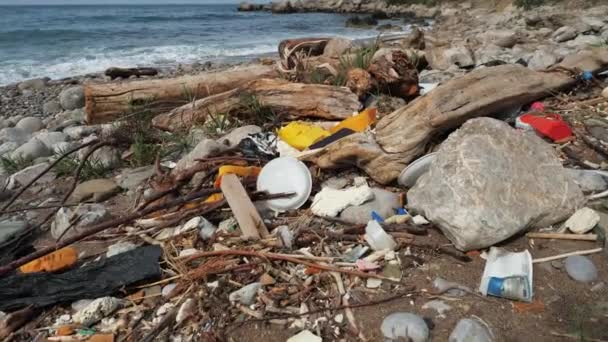 Polluted shore ocean. Global problem of mankind planet garbage, environmental pollution by people. Ecological tragedy of land clogging. Landfill on sea, dump plastic debris thrown by waves in nature — Stock Video