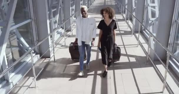 Femme africaine et homme noir américain marchent ensemble en parlant, portent des valises, entrent dans le terminal de l'aéroport ou la gare, rencontrent deux passagers avant l'embarquement, voyagent ensemble des vacances amis ou des mariages — Video