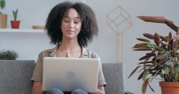 Chica joven celebra reunión, conferencia en línea sentado en casa en la habitación en la oficina en el sofá, el tiempo de cuarentena. Empresaria africana freelancer se comunica con colegas clientes en videollamada en laptop — Vídeo de stock