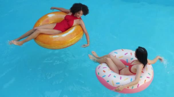 Duas pessoas exóticas meninas de raça mista se sentam em anéis de natação infláveis coloridos, rodopiam na água, nadam na piscina no resort do acampamento, riem, sorriem, dão as mãos, aproveitam o tempo juntos, conceito de amizade — Vídeo de Stock