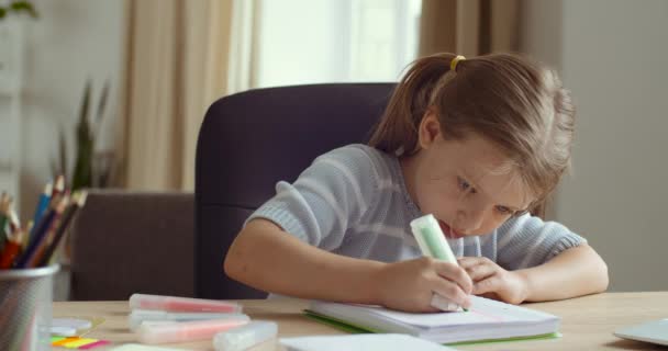 Sevimli küçük bir kız çocuğu. 5 yaşında. Evde ya da anaokulunda renkli kalemli kağıda resim çiziyor. Yaratıcılık sanatıyla uğraşan küçük bir kız. — Stok video